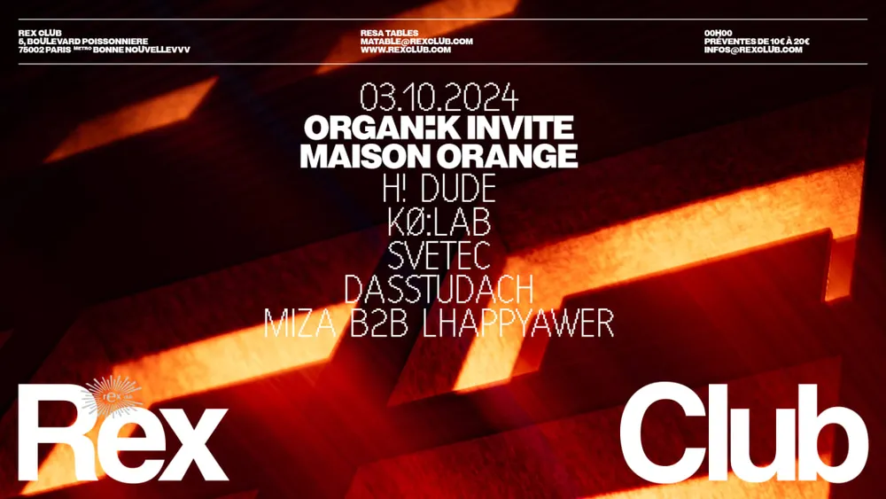 Image qui représente un ticket d'une activité (ORGAN:K x MAISON ORANGE: H! Dude, Kø:lab, Svetec) liée au point d'intéret