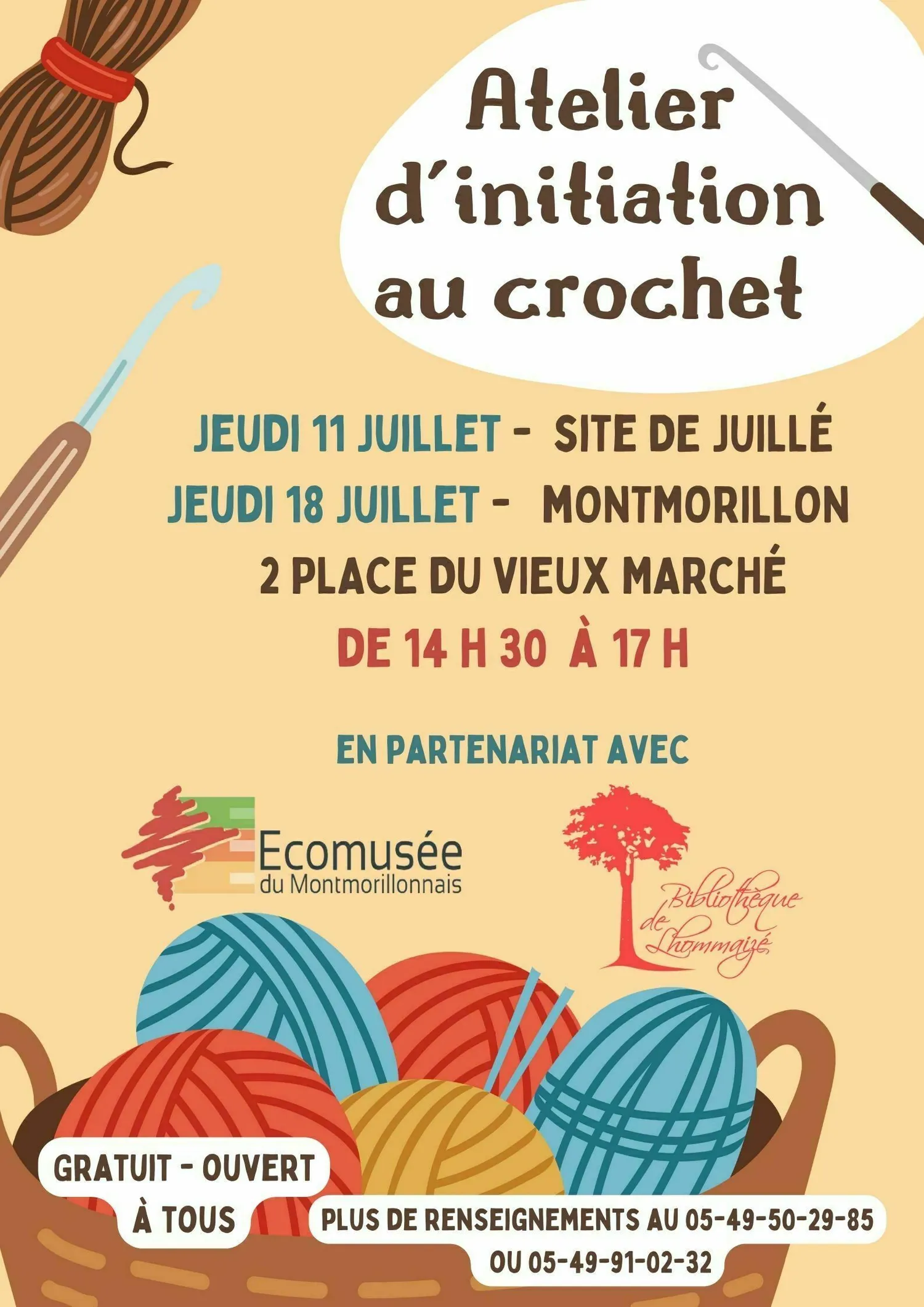 Image qui illustre: Atelier initiation crochet avec l'Ecomusée en partenariat avec la bibliothèque de Lhommaizé à Montmorillon - 0