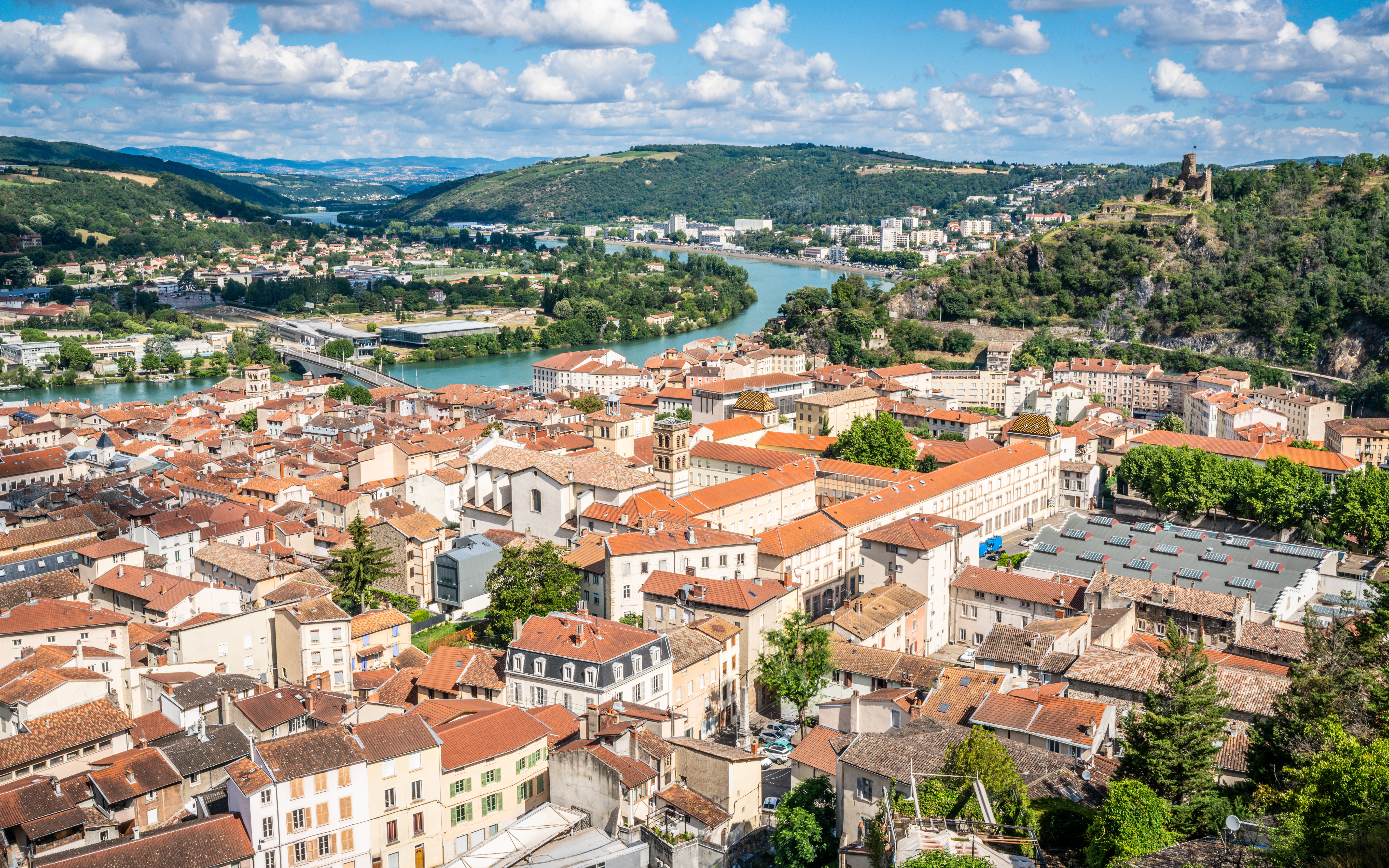 Panorama of Vienne with the old city and view of medieval castle of la Batie in Vienne Isere France