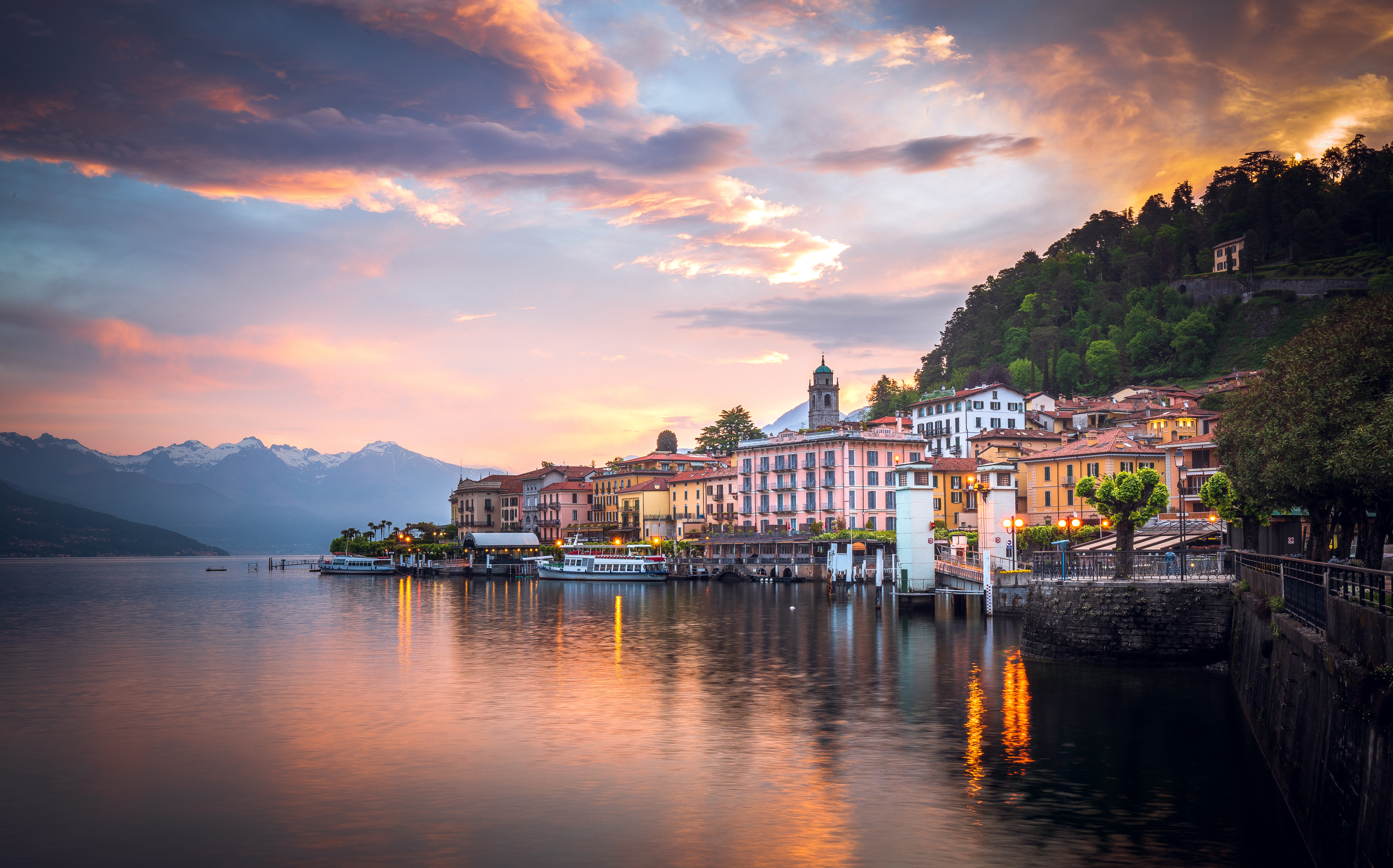 Colorful sunrise reflecting on Lake Como. Bellagio, Italy