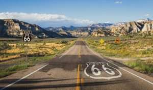 Scenic view of famous Route 66 in classic american mountain sce